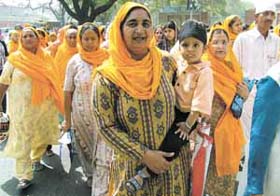 Women participating in the Khalsa march organised on the 500th birth anniversary of Sri Guru Angad Dev in the Capital