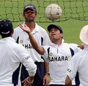 Players of the Indian team play a game of volleyball in Lahore