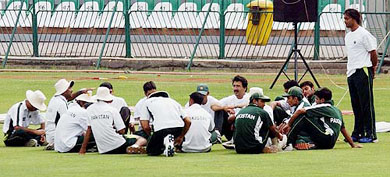 Pakistan coach Javed Miandad instructs the team during a training session in Lahore 