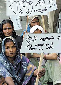 Women under the banner of the National Alliance of Street Vendors of India voice their demands at Jantar Mantar in the Capital on Monday. 