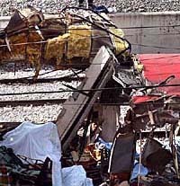 One of the explosions that ripped through a crowded passenger train in Madrid on March 11, 2004. 
