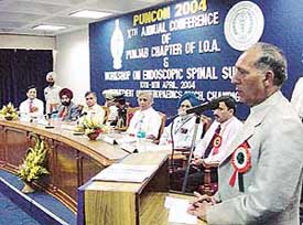 The Punjab Governor and Administrator, UT, Chandigarh, Justice O.P. Verma, addresses the Xth annual  conference of Indian Orthopaedic Association and  workshop on endoscopic spinal surgery at Government Medical College and Hospital
