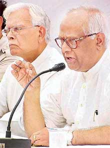 Mr K. Natwar Singh and Mr J.N. Dixit address a Press conference during the release of the Congress agenda paper on security, defence and foreign policy in Delhi on Saturday. 
