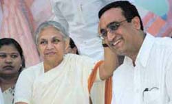 Congress candidate Ajay Maken from New Delhi constituency with Delhi Chief Minister Sheila Dikshit during the inauguration of his election office in the Capital on Sunday.