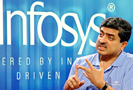 Chief Executive Officer (CEO) of Infosys Technologies Limited Nandan Nilekani speaks during the presentation of Infosys results in Bangalore on Tuesday.