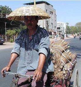 A vendor covers his head with a bamboo basket to protect himself from the scorching sun in Ahmedabad
