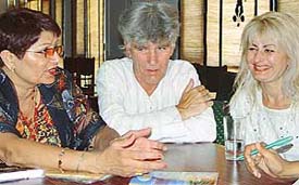 Amar Jyoti, Hans Plomp and Grazyna Przybyl in discussion before the release of their magazine Ambar at the Press Club, Sector 27, Chandigarh, on Wednesday. 