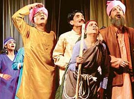 A scene from "Gappu Gope Gapanggamdas", the Hindi adaptation of Henrik Ibsens Norwegian play, Peer Gynt, which opened at Tagore Theatre in Chandigarh on Wednesday.
