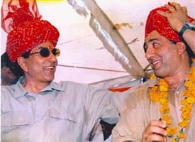 Veteran bollywood actor and BJP's Lok Sabhacandidate from Bikaner, Dharmendra, with his actor son Sunny Deol