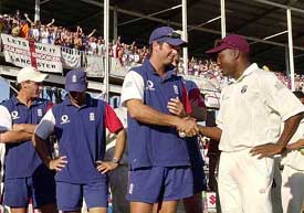 West Indies captain Brian Lara congratulates England captain Michael Vaughan after England won the Test series 3-0 at Antigua