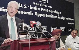 US Ambassador to India David C. Mulford addresses a session on Indo-US partnership at CII in Chandigarh on Friday.