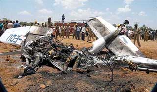 The mangled remains of the aircraft that was carrying South Indian actress Soundarya