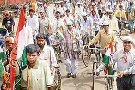 A cycle rally being taken out in support of Mr Pawan Kumar Bansal, Congress candidate from Chandigarh, at Colony No 4 in Chandigarh on Sunday.