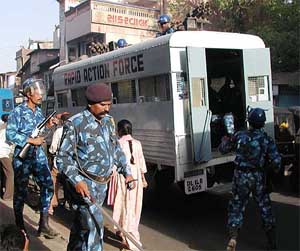 RAF jawans being deployed in Ahmedabad on the eve of the first phase of Lok Sabha elections on Monday