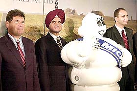 Chairman and Managing Director of Apollo Tyres Onkar Singh Kanwar and president of Michelin Asia-Pacific Jean-Marc Francois at a Press conference in New Delhi 