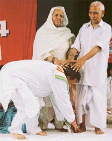 Bharatiya Janata Party candidate Ratan Lal Kataria seeks blessing of his parents, Jyoti Ram and Prabhari Devi, before filing nomination for Ambala Lok Sabha seat 