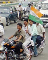 Some supporters of a political party without helmets in Ludhiana
