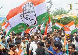 Supporters of Manish Tewari, candidate of the Congress from the Ludhiana taking out a procession