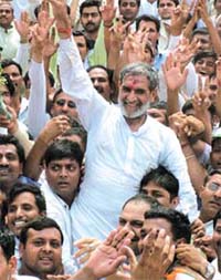 Congress candidate from Outer Delhi, Sajjan Kumar, after filing his nomination papers in the Capital