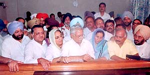 Ms Preneet Kaur files her nomination papers in the DC office in Patiala on Thursday. Also seen in the picture are Chief Minister Amarinder Singh, Cabinet Minister Lal Singh and Deputy Chief Minister Rajinder Kaur Bhattal.