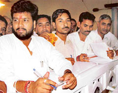 Three candidates, Mr Sanjeev Gharu, Mr Sunil Kumar and Mr Hem Raj, at the office of Returning Officer for the Ambala Lok Sabha seat on Friday. 