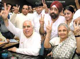Congress candidate from Chandni Chowk, Kapil Sibal, after filing his nomination, with Chief Minister Sheila Dikshit in the Capital