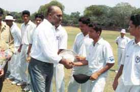 Players being introduced to the chief guest before the start of the Davinder Singh Memorial Cricket Tournament