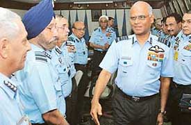 Air chief S. Krishnaswamy with IAF commanders before their conference in New Delhi on Monday.