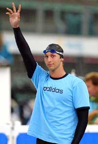 Australian world-record holder Ian Thorpe waves to spectators before competing in the mens 200 metres freestyle final of the Australian Olympic team swimming trials in Sydney