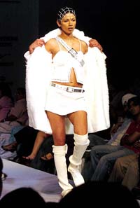 A model displays a creation at Lakme India Fashion Week