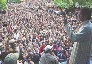 Jammu and Kashmir Peoples Conference Chairman Sajjad Lone addresses a rally in Rajwar, Handwara, on Wednesday.