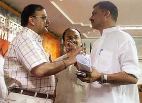 Union Minister for Law and Justice Arun Jaitley along with Union Civil Aviation Minister Rajeev Pratap Rudy after a press conference in New Delhi