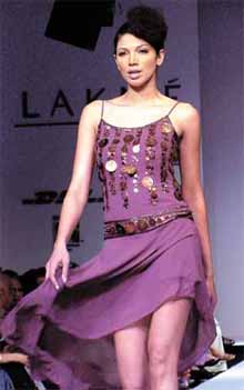 A model presenting the creations of designer Narender Kumar at the 5th India Fashion Week in the Capital on Wednesday. 
