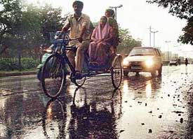 PADDLING THROUGH THE DRIZZLE: The drizzle was no damper as residents left homes for their routine work on Thursday morning in Chandigarh. A Tribune photograph