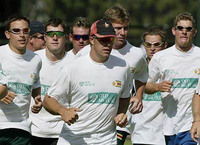 Rebel Zimbabwe cricket players run during a fitness assessment