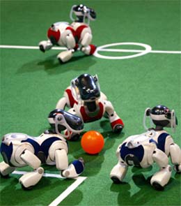 Sonys pet AIBO robots play soccer during the four-leg league of the RoboCup Japan Open 2004