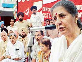Ms Ambika Soni, general secretary of the All-India Congress Committee, addresses a May Day rally at Industrial Area, Phase 1, Chandigarh, on Saturday.