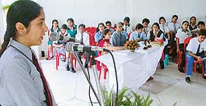 A student of Tender Heart School speaks at an inter-school debate at St Xaviers Senior Secondary School, Sector 44, Chandigarh, on Saturday.