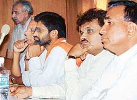 Mr Dharam Paul Sharma (extreme right), Mr Arvind Jain and Mr Surinder Chauhan, Independent candidates, at a face-to-face programme at the ICSSR complex, Panjab University, Chandigarh, on Saturday.