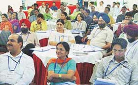Participants at a seminar on "Getting over all limitations" at Hotel Shivalikview in Chandigarh