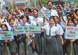 Students of Spring Dale Senior Secondary Public School, Sherpur, take out a rally to sensitise the masses about exercising their right to vote in Ludhiana