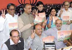 The seven candidates of BJP from the national Capital with Delhi BJP president Harshvardhan during the launch of ‘Delhi Vision 2004’ in the Capital