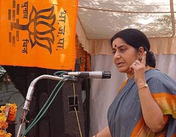 Union Minister Sushma Swaraj addresses an election rally in Jagadhri