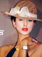 Model Monika Datta showcases the product during the launch of Longines Evidenza watches in Hyderabad