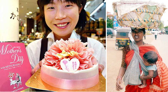 While Hisae Hashimoto, a bakery-shop employee in Tokyo, displays a 2,500-yen ($ 23) Royal Carnation cake, decorated with chocolate petals, to be sold on Mothers Day, Parvati, a street-vendor from Hubli, India, goes about selling lemons with her child tied to shoulder.