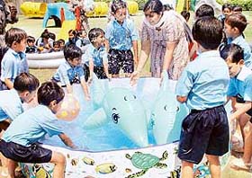 Students of The Gurukul, Sector 20, Panchkula, enjoy water games at the ongoing Splash Week in the school