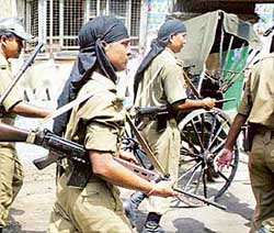 Para-military forces patrol in Kolkata on Saturday