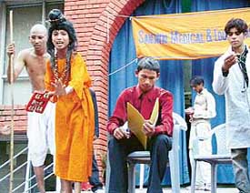 A scene from the play "Gandhi ki Wapsi" staged by Theare Age at Punjab Kala Bhavan in Sector 16, Chandigarh