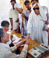 An old couple votes at Teek village in the Kurukshetra Lok Sabha constituency on Monday. 