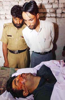 Body of Hizb-ul-Mujahideen commander Shakeel Ansari lying at the police control room in Srinagar